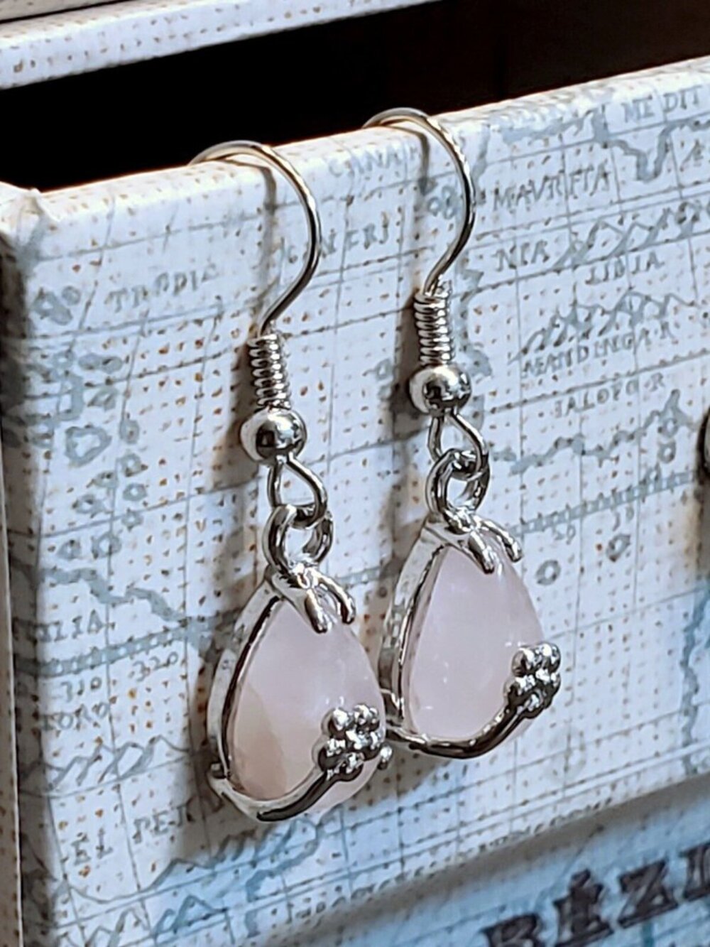 Little Teardrop Rose Quartz Gemstone Platinum Plated Handcrafted Earrings - Picture 3 of 10